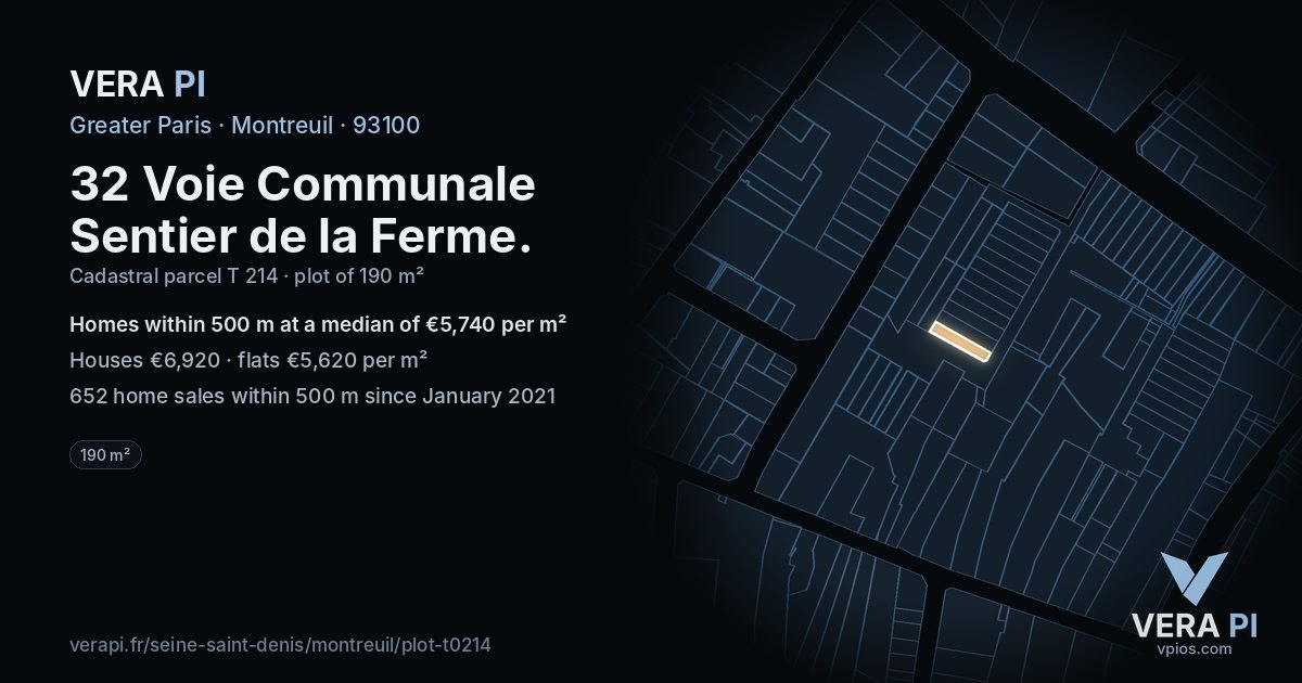 32 Voie Communale Sentier de la Ferme, Montreuil at night – the plot lit, the parcels around coloured by the prices near them