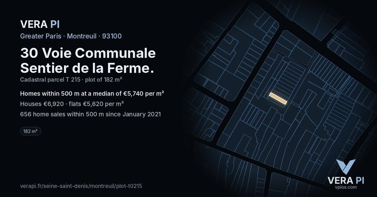30 Voie Communale Sentier de la Ferme, Montreuil at night – the plot lit, the parcels around coloured by the prices near them