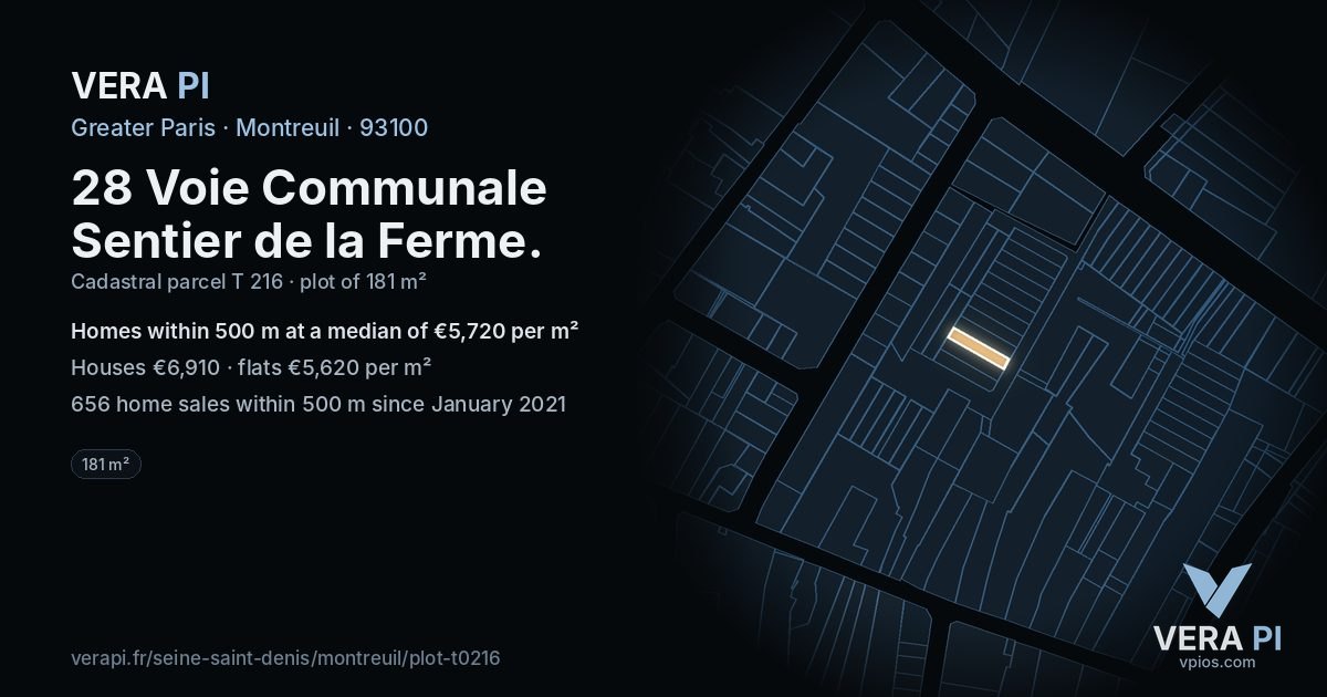 28 Voie Communale Sentier de la Ferme, Montreuil at night – the plot lit, the parcels around coloured by the prices near them