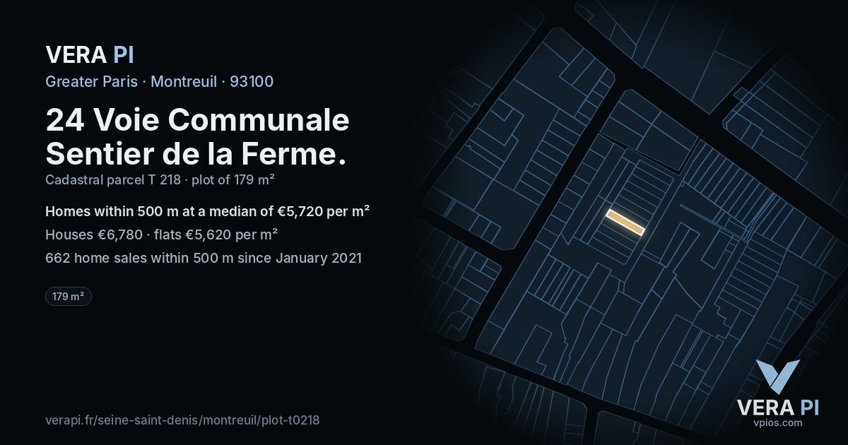 24 Voie Communale Sentier de la Ferme, Montreuil at night – the plot lit, the parcels around coloured by the prices near them
