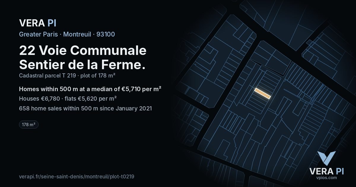 22 Voie Communale Sentier de la Ferme, Montreuil at night – the plot lit, the parcels around coloured by the prices near them
