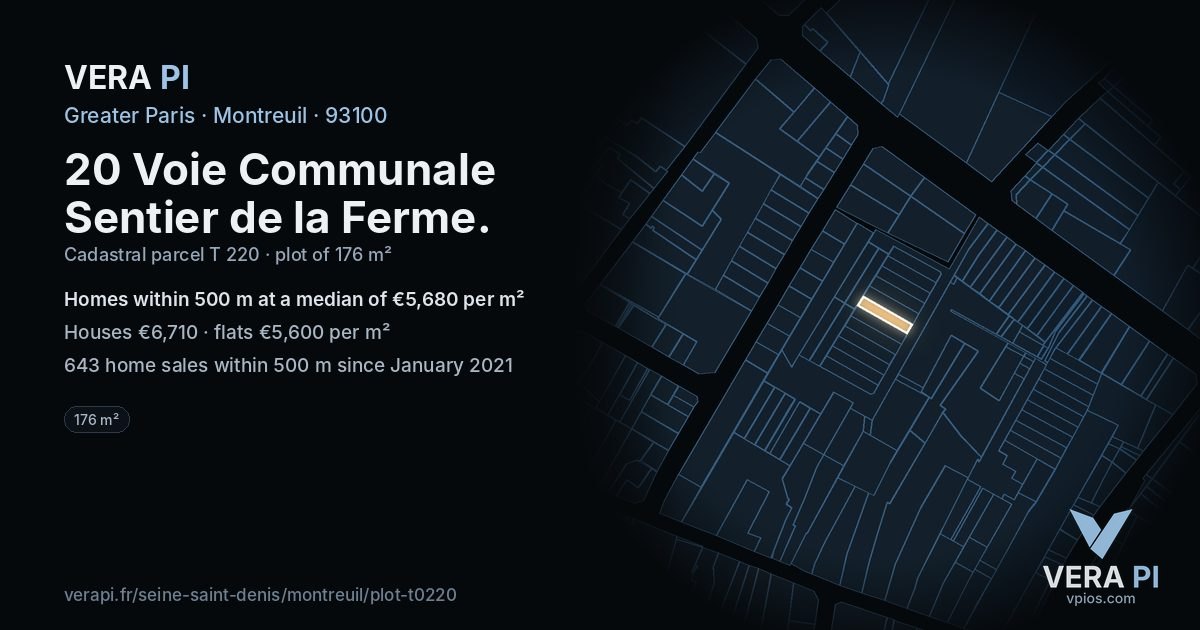 20 Voie Communale Sentier de la Ferme, Montreuil at night – the plot lit, the parcels around coloured by the prices near them