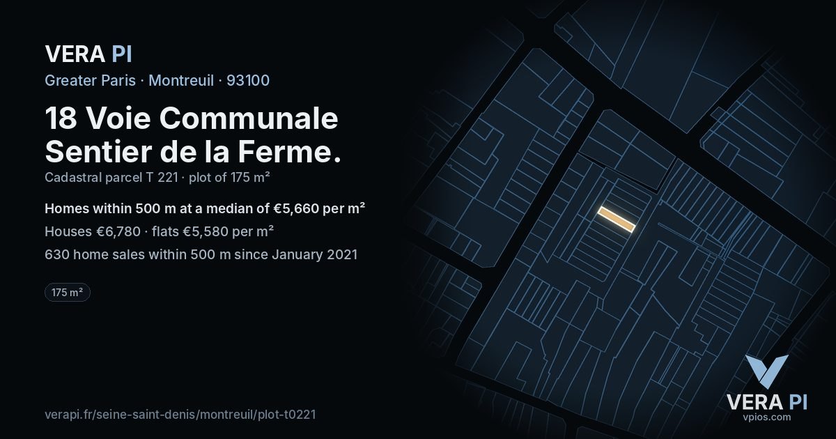 18 Voie Communale Sentier de la Ferme, Montreuil at night – the plot lit, the parcels around coloured by the prices near them