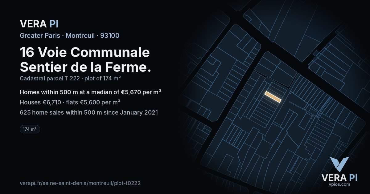 16 Voie Communale Sentier de la Ferme, Montreuil at night – the plot lit, the parcels around coloured by the prices near them