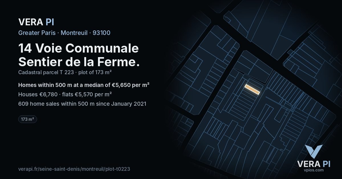 14 Voie Communale Sentier de la Ferme, Montreuil at night – the plot lit, the parcels around coloured by the prices near them
