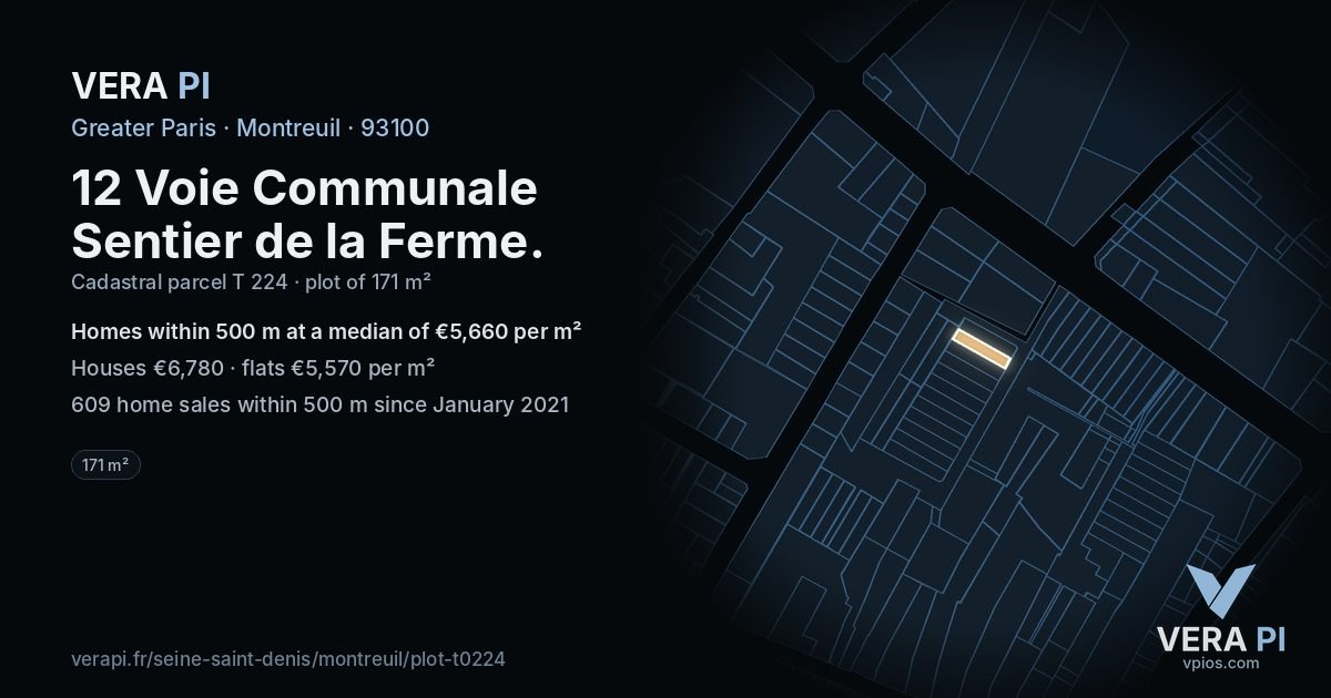 12 Voie Communale Sentier de la Ferme, Montreuil at night – the plot lit, the parcels around coloured by the prices near them