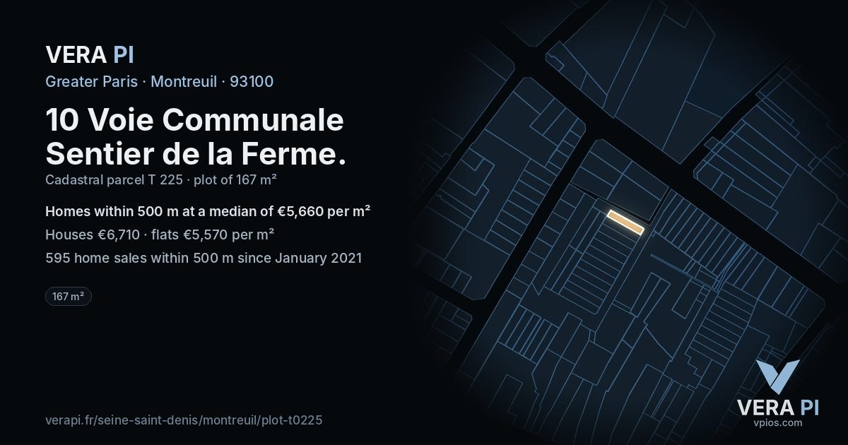10 Voie Communale Sentier de la Ferme, Montreuil at night – the plot lit, the parcels around coloured by the prices near them