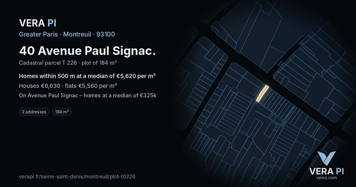 40 Avenue Paul Signac, Montreuil at night – the plot lit, the parcels around coloured by the prices near them
