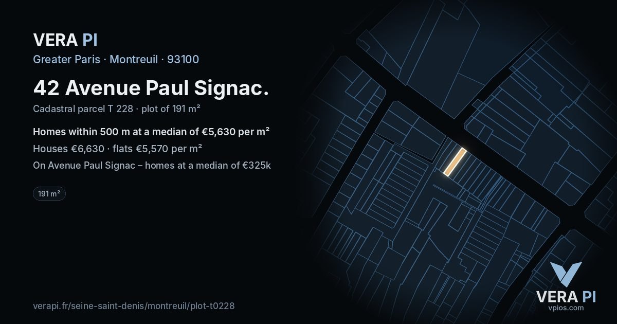 42 Avenue Paul Signac, Montreuil at night – the plot lit, the parcels around coloured by the prices near them
