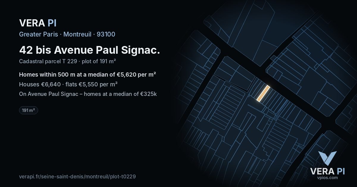 42 bis Avenue Paul Signac, Montreuil at night – the plot lit, the parcels around coloured by the prices near them
