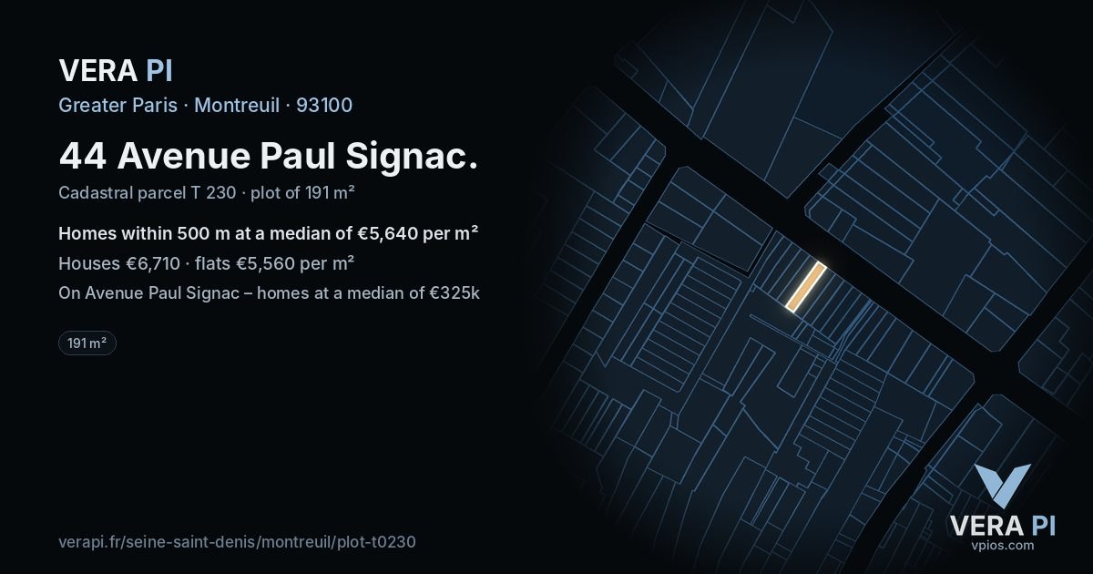 44 Avenue Paul Signac, Montreuil at night – the plot lit, the parcels around coloured by the prices near them