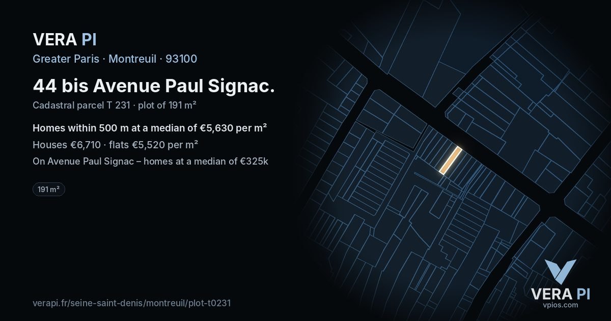 44 bis Avenue Paul Signac, Montreuil at night – the plot lit, the parcels around coloured by the prices near them