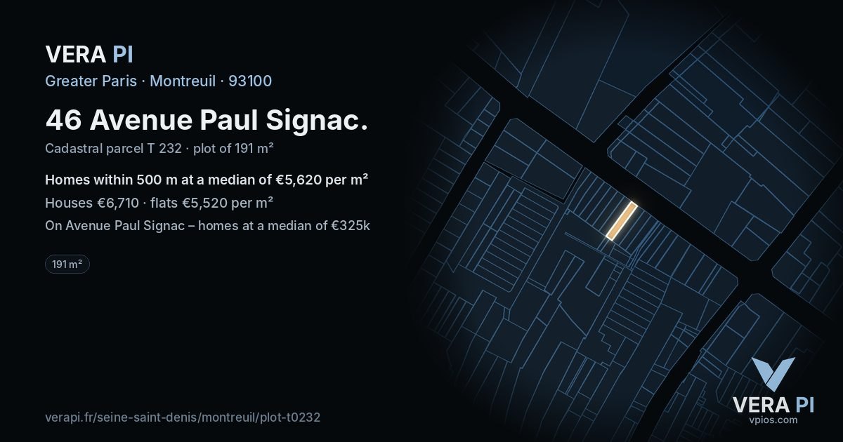 46 Avenue Paul Signac, Montreuil at night – the plot lit, the parcels around coloured by the prices near them