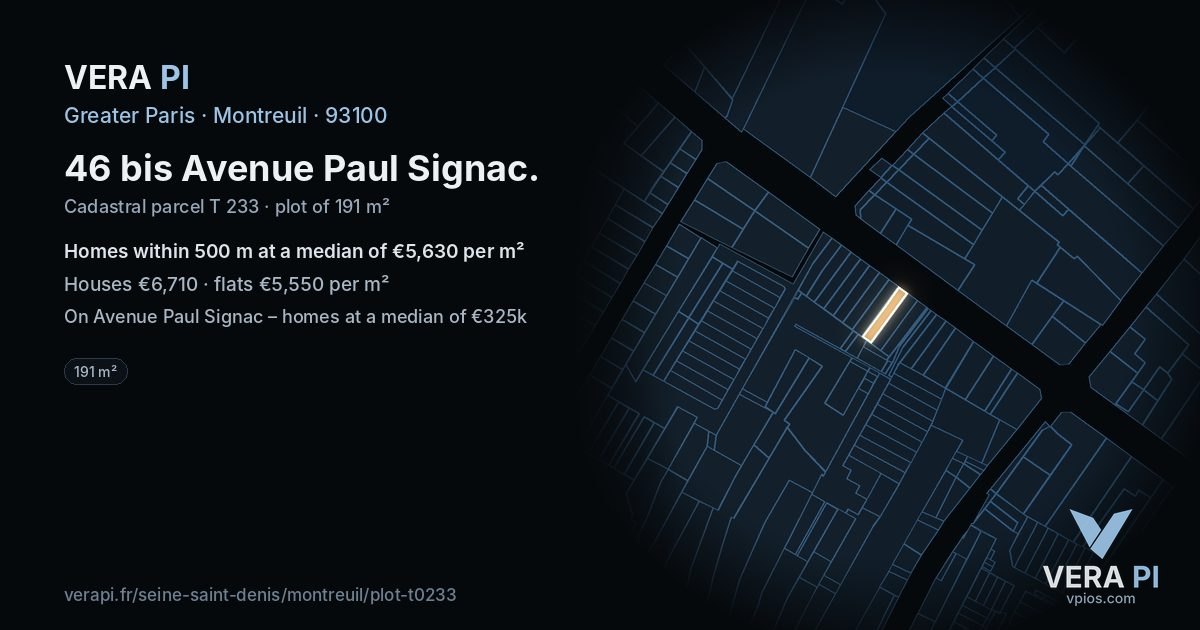 46 bis Avenue Paul Signac, Montreuil at night – the plot lit, the parcels around coloured by the prices near them