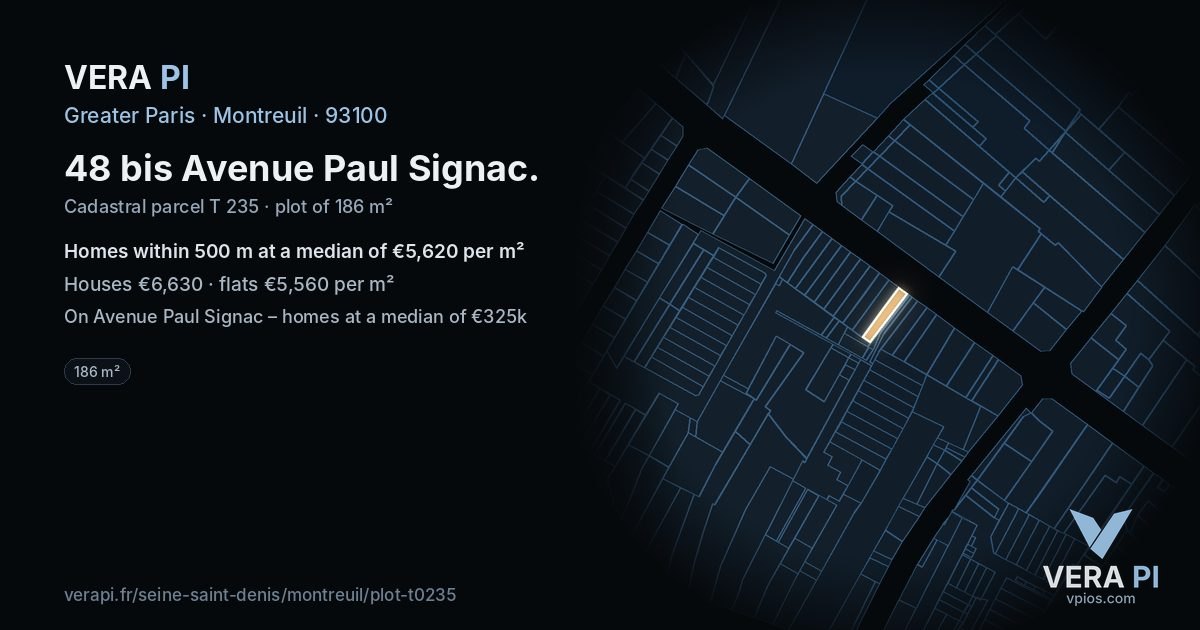 48 bis Avenue Paul Signac, Montreuil at night – the plot lit, the parcels around coloured by the prices near them