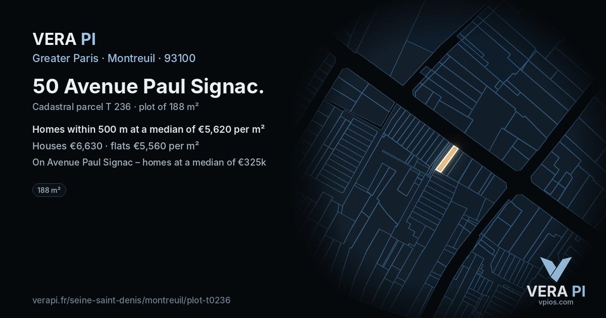 50 Avenue Paul Signac, Montreuil at night – the plot lit, the parcels around coloured by the prices near them