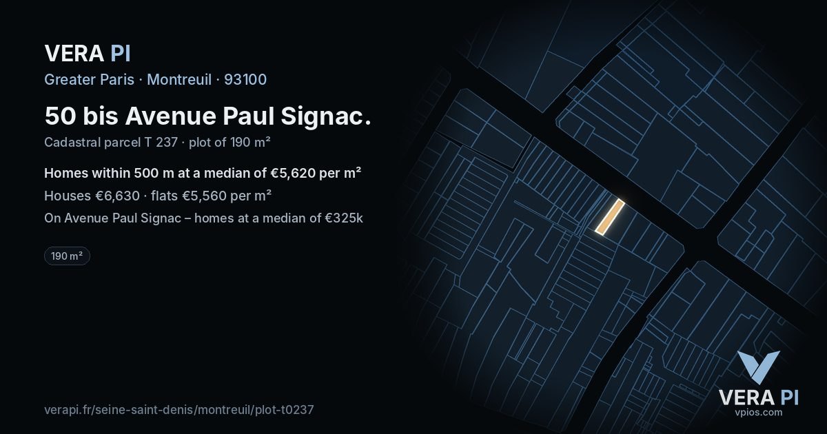 50 bis Avenue Paul Signac, Montreuil at night – the plot lit, the parcels around coloured by the prices near them