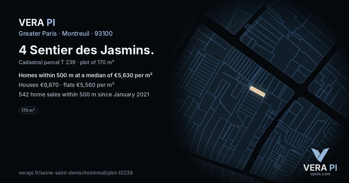 4 Sentier des Jasmins, Montreuil at night – the plot lit, the parcels around coloured by the prices near them
