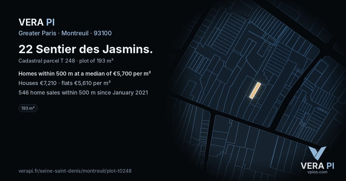 22 Sentier des Jasmins, Montreuil at night – the plot lit, the parcels around coloured by the prices near them