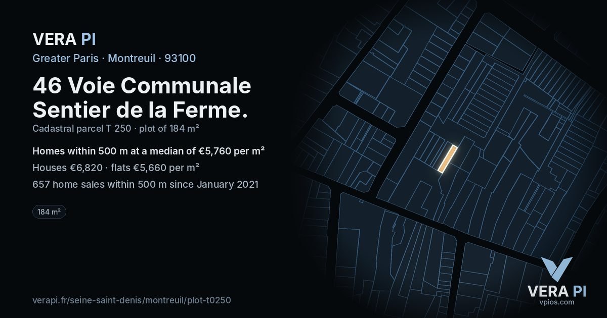 46 Voie Communale Sentier de la Ferme, Montreuil at night – the plot lit, the parcels around coloured by the prices near them