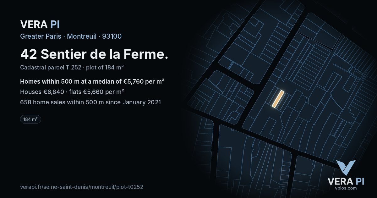 42 Sentier de la Ferme, Montreuil at night – the plot lit, the parcels around coloured by the prices near them