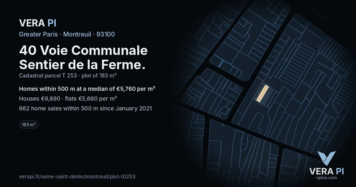 40 Voie Communale Sentier de la Ferme, Montreuil at night – the plot lit, the parcels around coloured by the prices near them