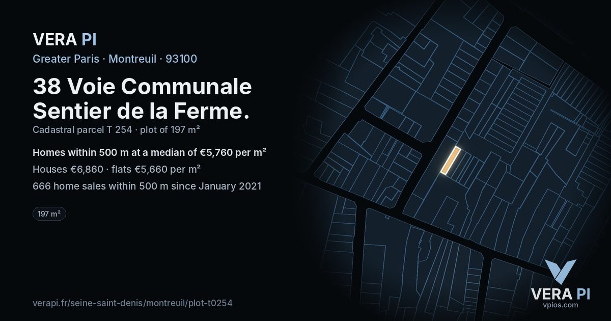 38 Voie Communale Sentier de la Ferme, Montreuil at night – the plot lit, the parcels around coloured by the prices near them
