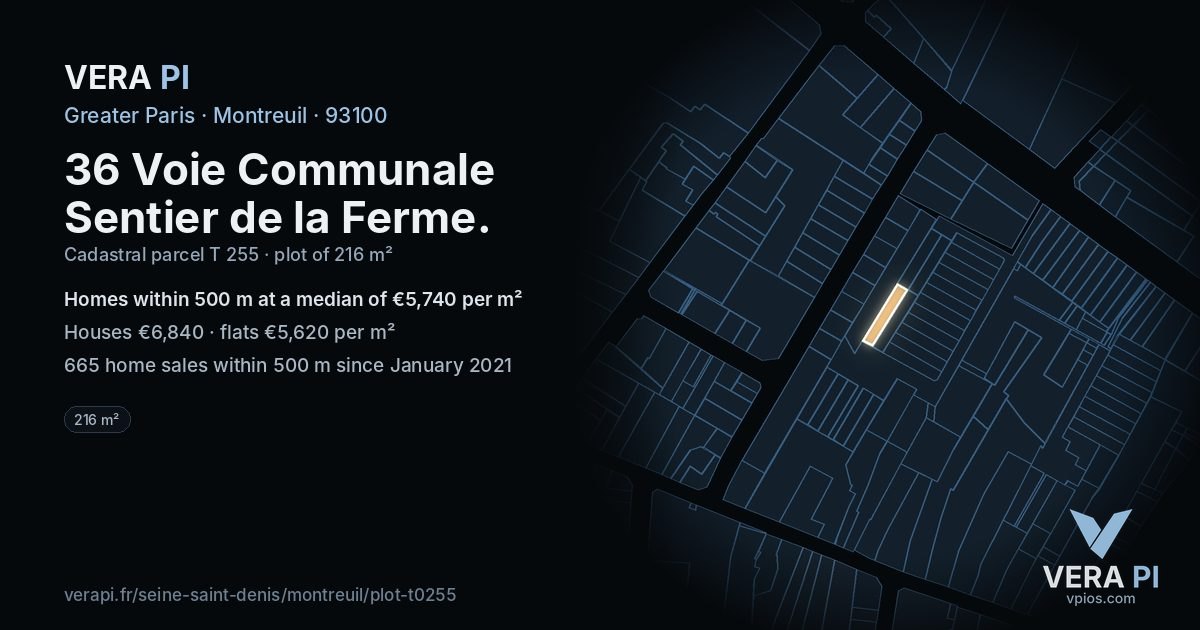 36 Voie Communale Sentier de la Ferme, Montreuil at night – the plot lit, the parcels around coloured by the prices near them