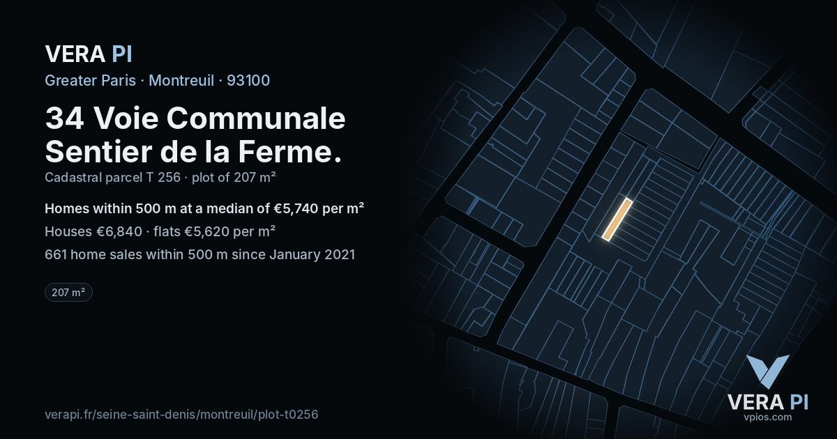 34 Voie Communale Sentier de la Ferme, Montreuil at night – the plot lit, the parcels around coloured by the prices near them