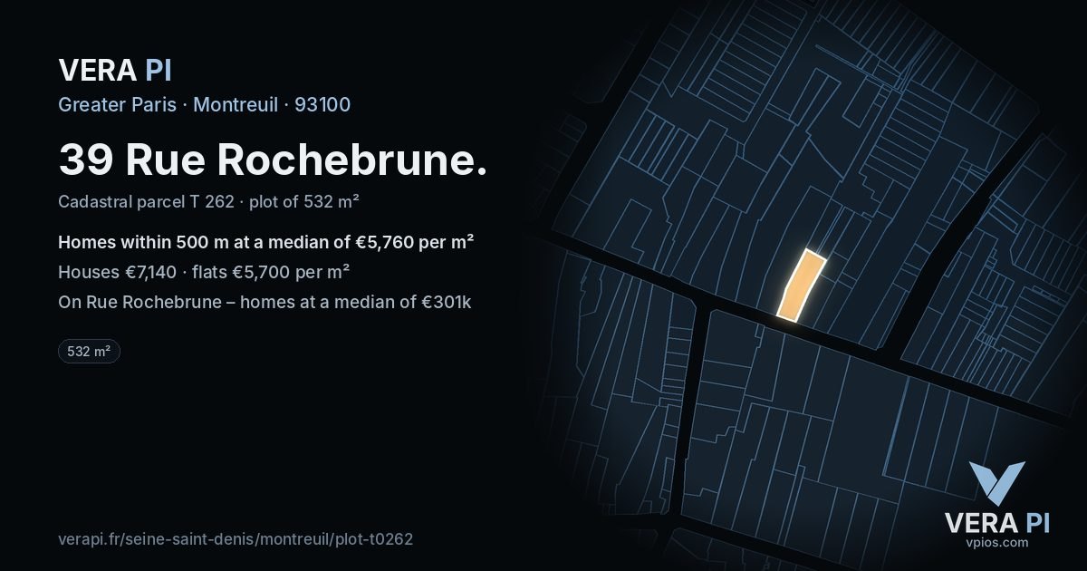 39 Rue Rochebrune, Montreuil at night – the plot lit, the parcels around coloured by the prices near them