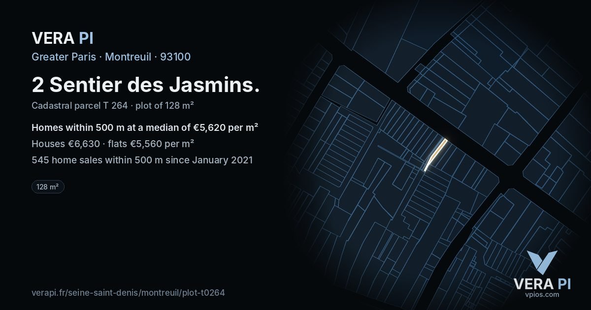 2 Sentier des Jasmins, Montreuil at night – the plot lit, the parcels around coloured by the prices near them
