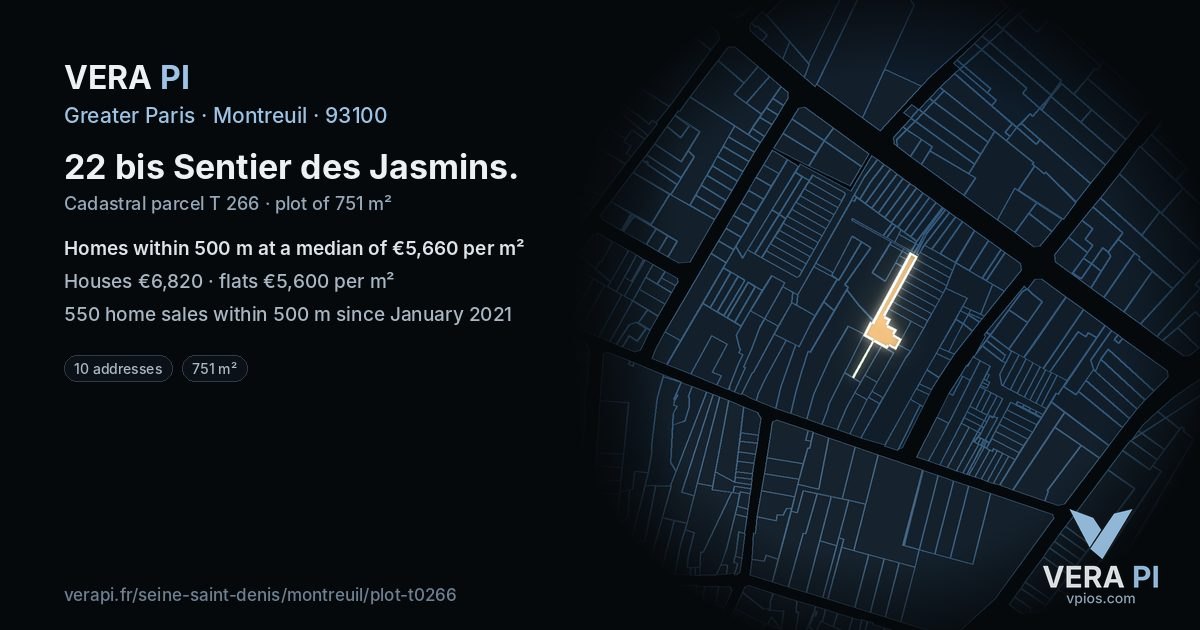 22 bis Sentier des Jasmins, Montreuil at night – the plot lit, the parcels around coloured by the prices near them