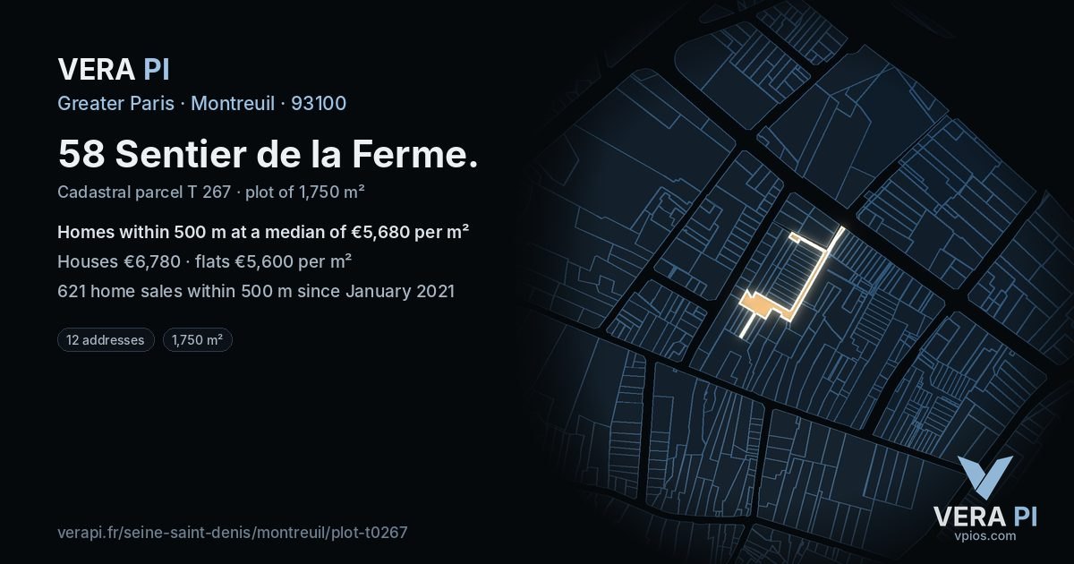 58 Sentier de la Ferme, Montreuil at night – the plot lit, the parcels around coloured by the prices near them