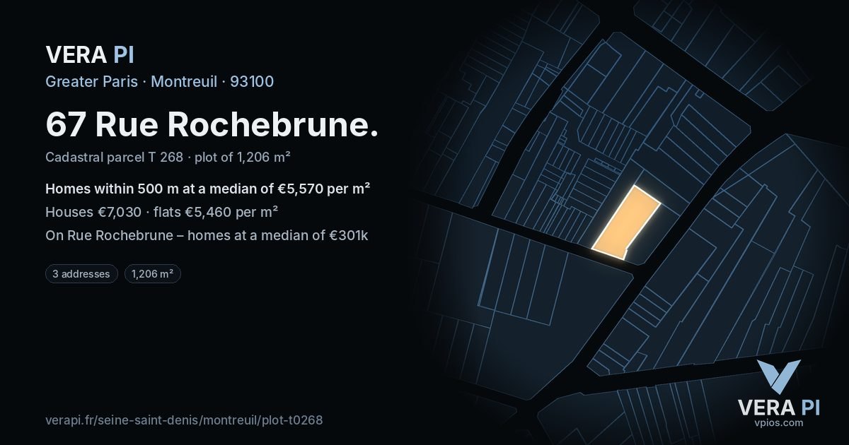 67 Rue Rochebrune, Montreuil at night – the plot lit, the parcels around coloured by the prices near them