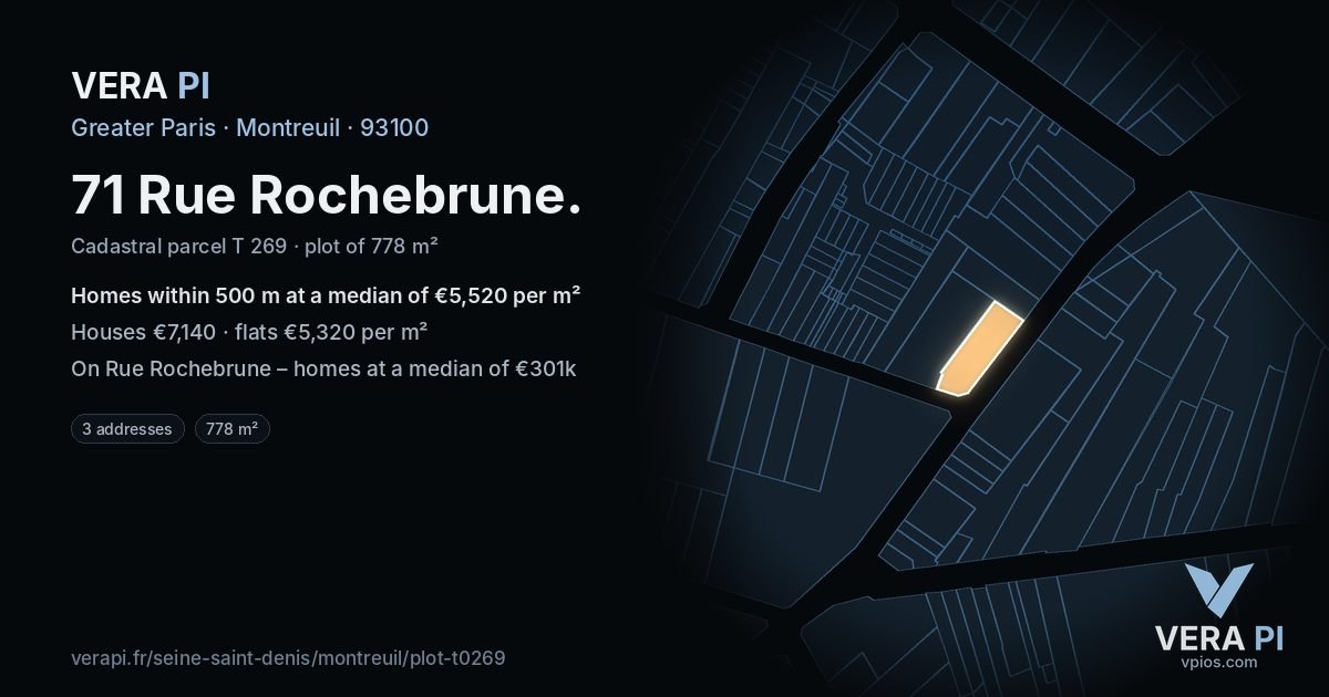 71 Rue Rochebrune, Montreuil at night – the plot lit, the parcels around coloured by the prices near them