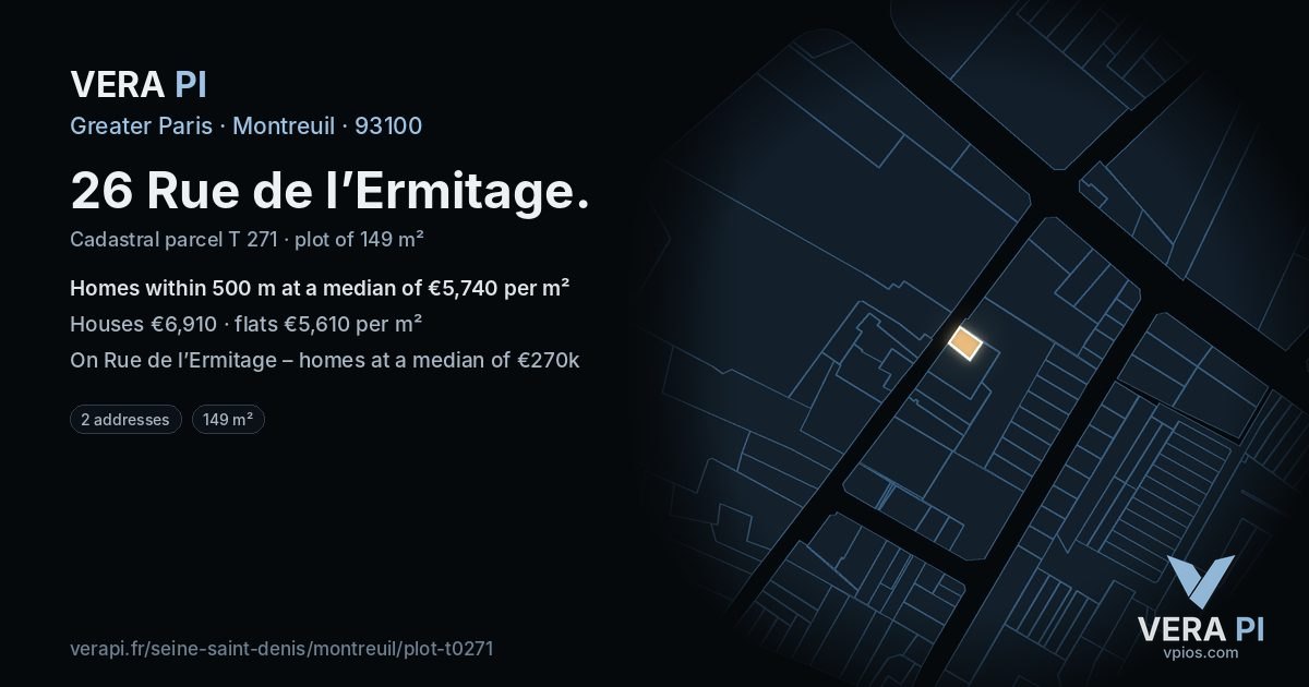 26 Rue de l’Ermitage, Montreuil at night – the plot lit, the parcels around coloured by the prices near them