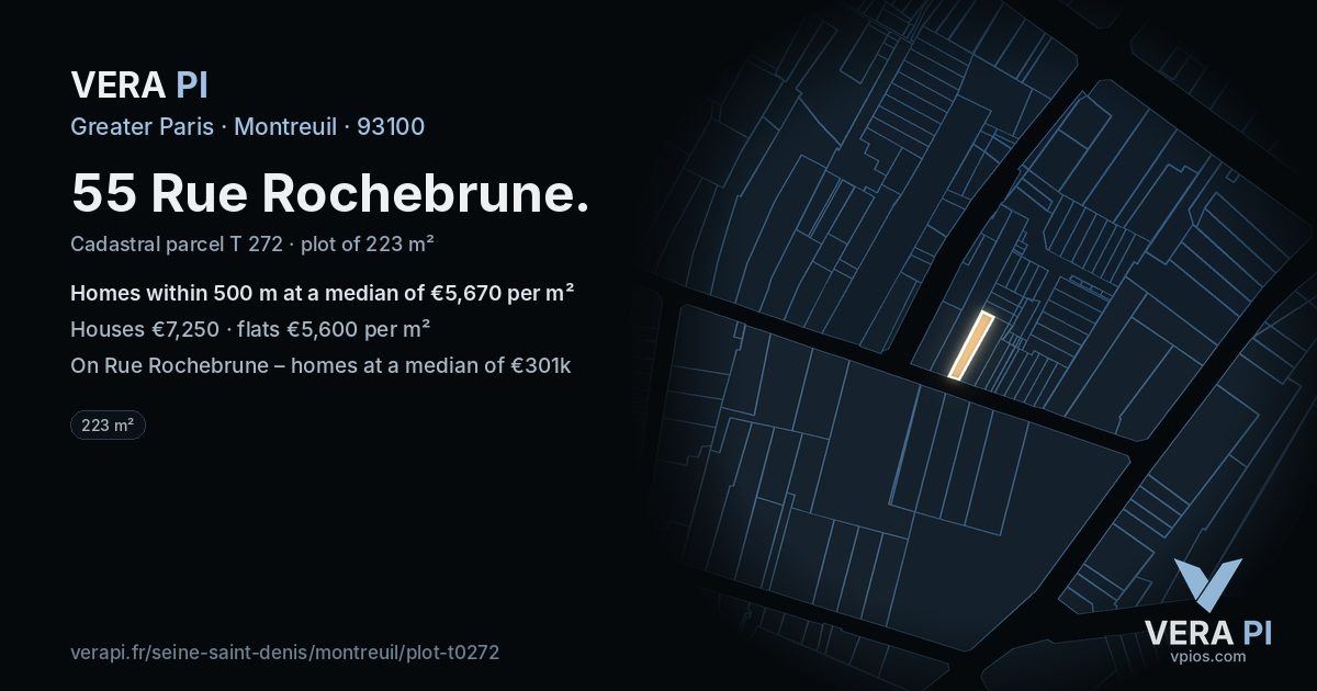 55 Rue Rochebrune, Montreuil at night – the plot lit, the parcels around coloured by the prices near them