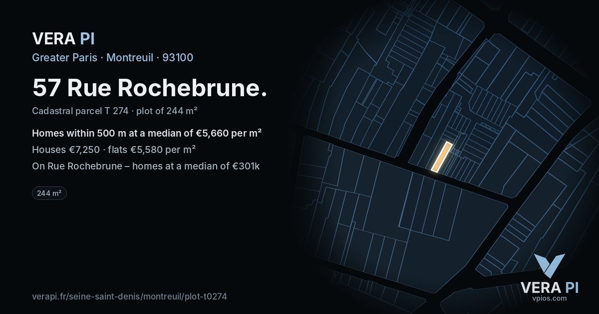 57 Rue Rochebrune, Montreuil at night – the plot lit, the parcels around coloured by the prices near them