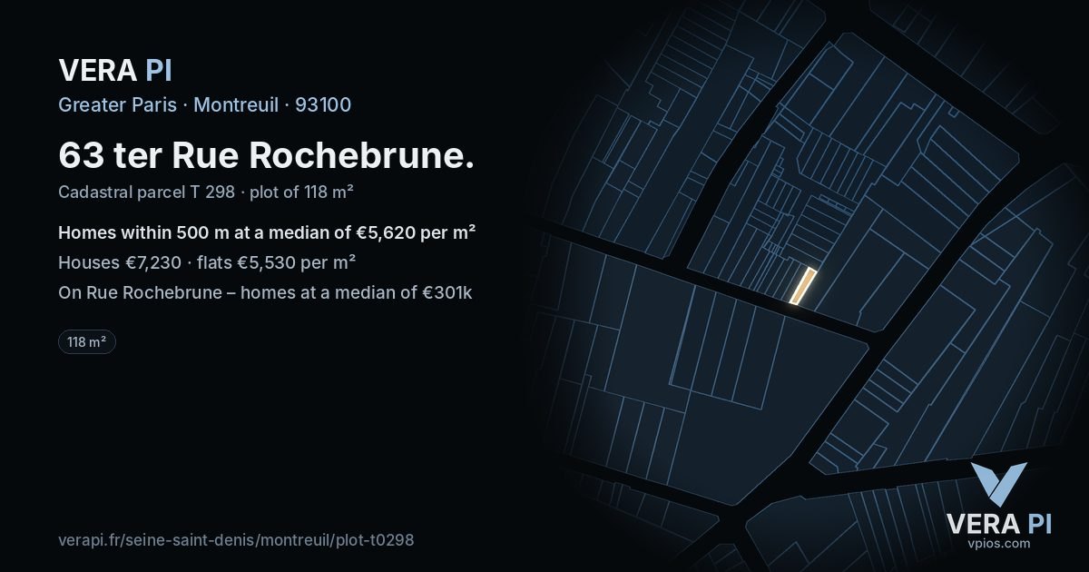 63 ter Rue Rochebrune, Montreuil at night – the plot lit, the parcels around coloured by the prices near them