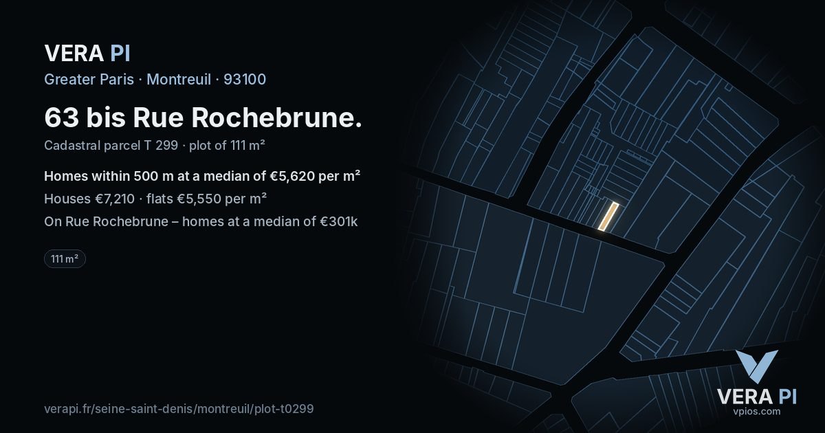 63 bis Rue Rochebrune, Montreuil at night – the plot lit, the parcels around coloured by the prices near them