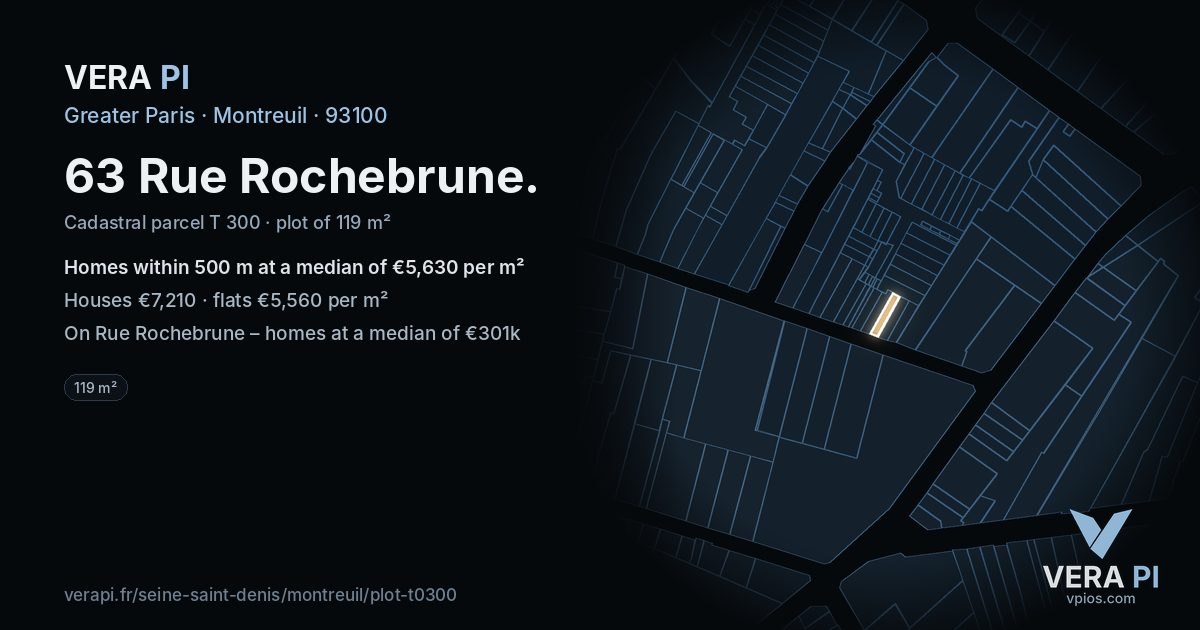 63 Rue Rochebrune, Montreuil at night – the plot lit, the parcels around coloured by the prices near them