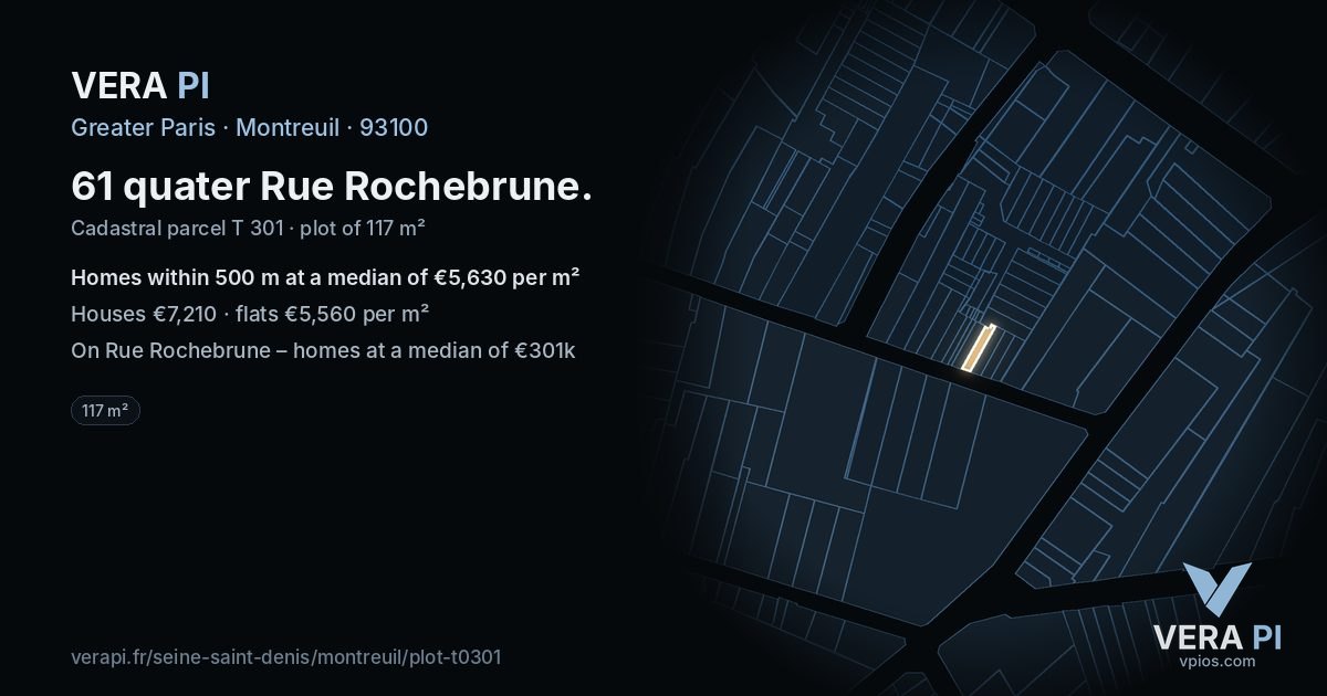 61 quater Rue Rochebrune, Montreuil at night – the plot lit, the parcels around coloured by the prices near them