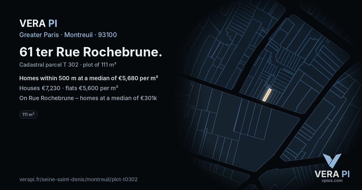 61 ter Rue Rochebrune, Montreuil at night – the plot lit, the parcels around coloured by the prices near them