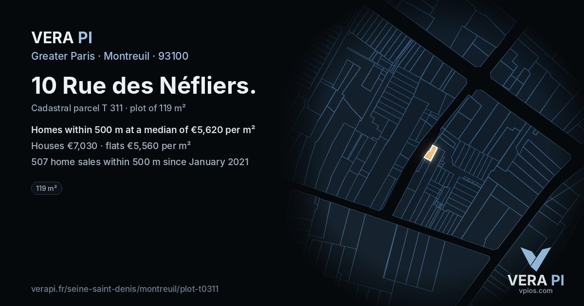 10 Rue des Néfliers, Montreuil at night – the plot lit, the parcels around coloured by the prices near them