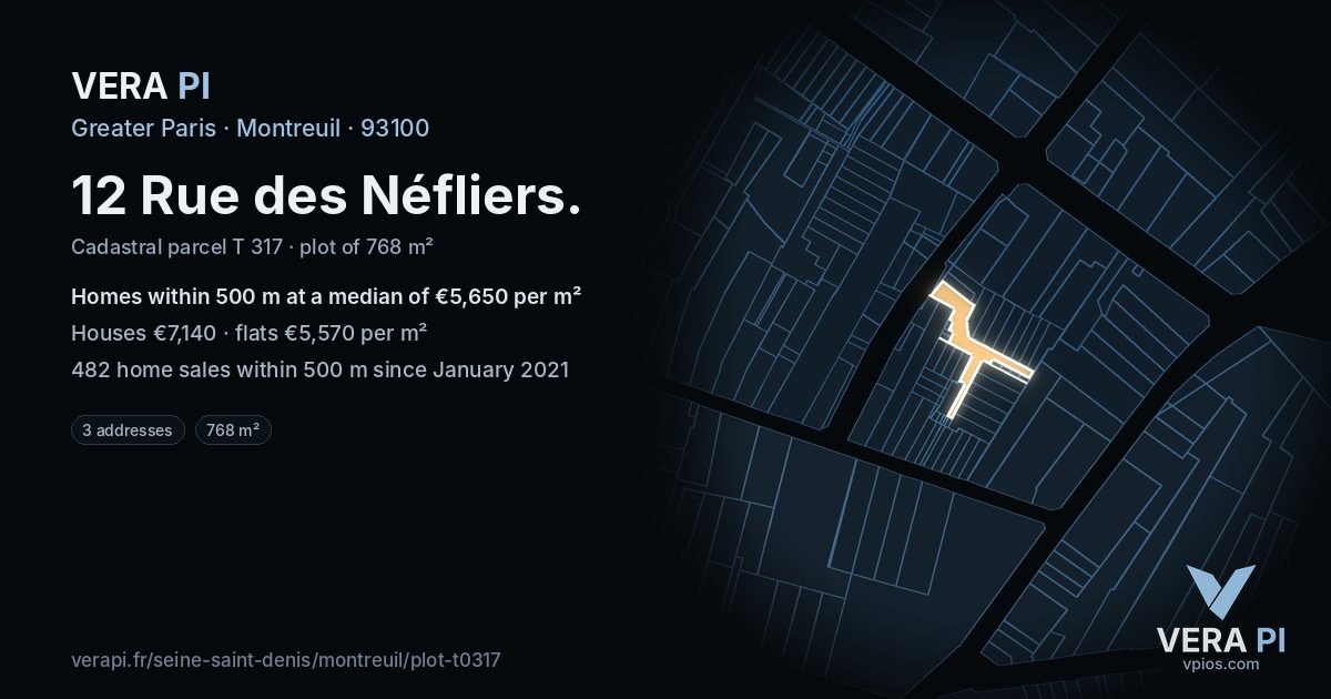 12 Rue des Néfliers, Montreuil at night – the plot lit, the parcels around coloured by the prices near them