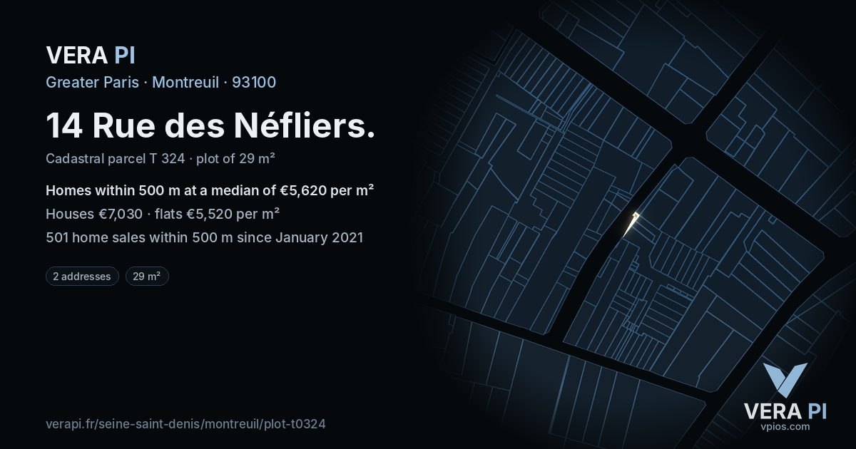 14 Rue des Néfliers, Montreuil at night – the plot lit, the parcels around coloured by the prices near them