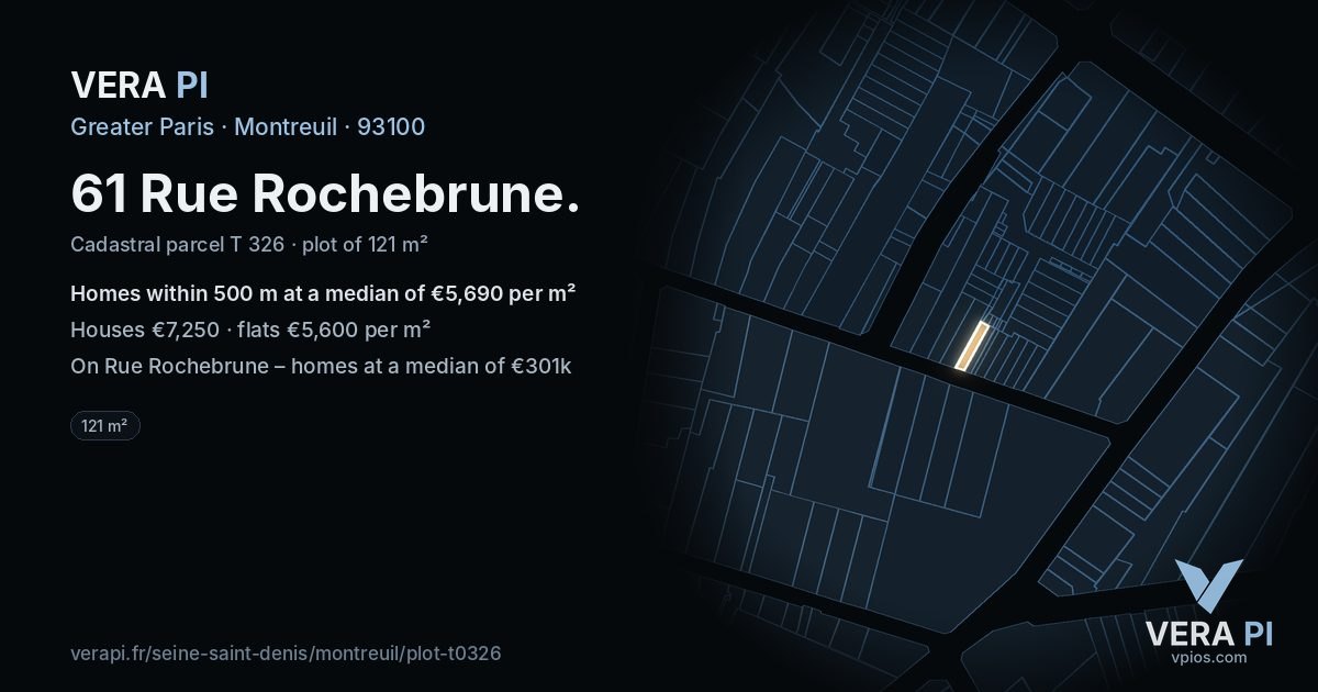 61 Rue Rochebrune, Montreuil at night – the plot lit, the parcels around coloured by the prices near them
