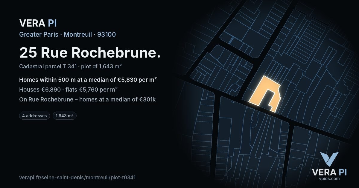 25 Rue Rochebrune, Montreuil at night – the plot lit, the parcels around coloured by the prices near them