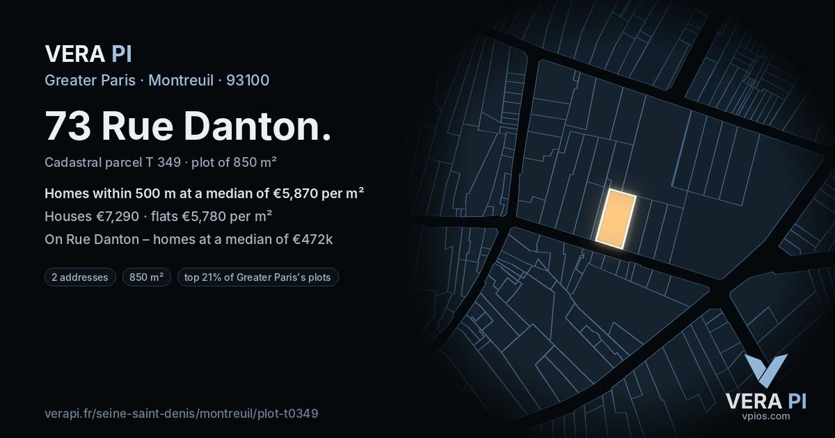 73 Rue Danton, Montreuil at night – the plot lit, the parcels around coloured by the prices near them