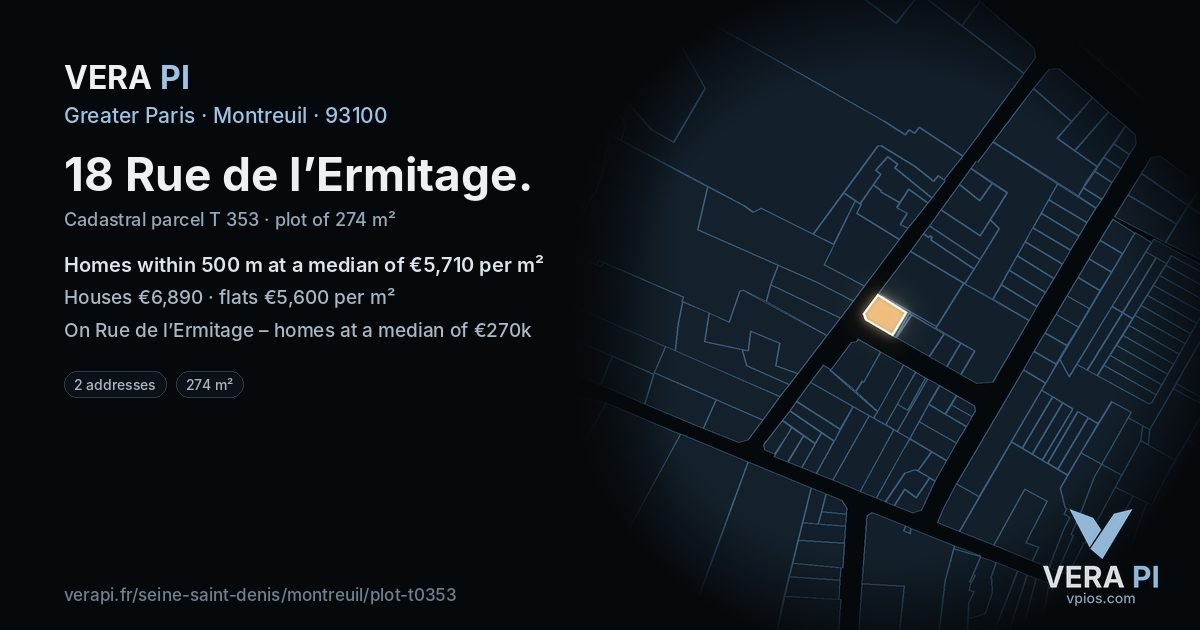 18 Rue de l’Ermitage, Montreuil at night – the plot lit, the parcels around coloured by the prices near them